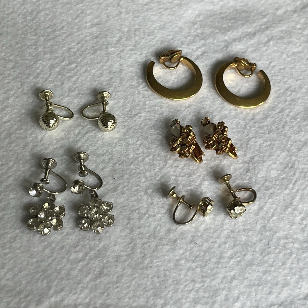 Vintage Earrings Lot Of 5 Pairs Goldtone Silvertone Rhinestone Hoop Huggies
